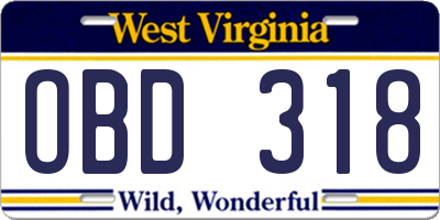 WV license plate OBD318
