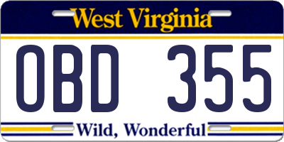 WV license plate OBD355