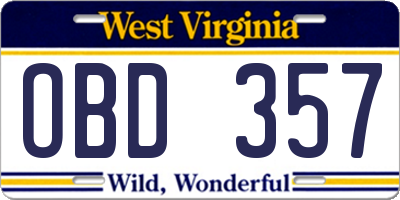 WV license plate OBD357