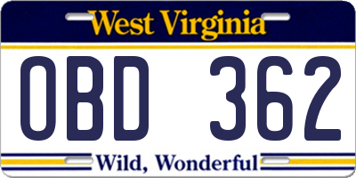 WV license plate OBD362