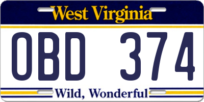 WV license plate OBD374