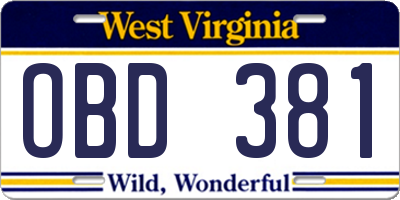WV license plate OBD381