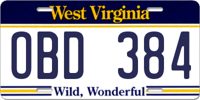 WV license plate OBD384