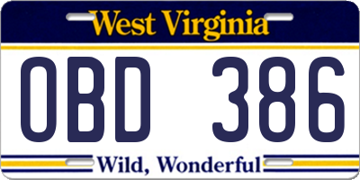 WV license plate OBD386