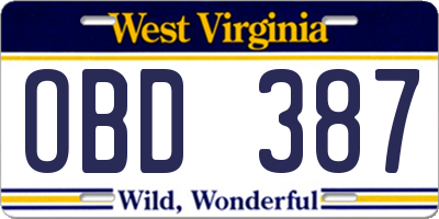 WV license plate OBD387