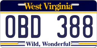 WV license plate OBD388