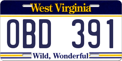 WV license plate OBD391