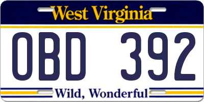 WV license plate OBD392