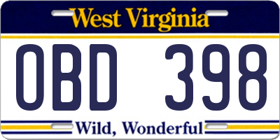WV license plate OBD398