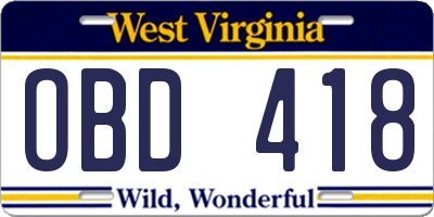 WV license plate OBD418