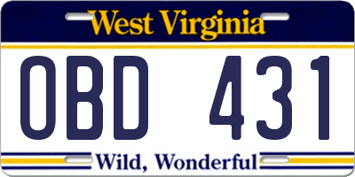 WV license plate OBD431