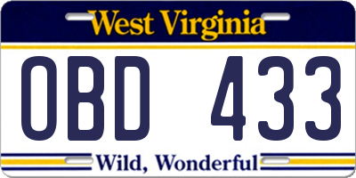 WV license plate OBD433