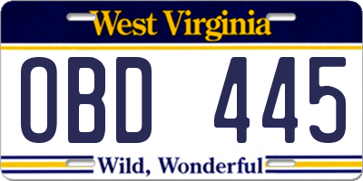 WV license plate OBD445