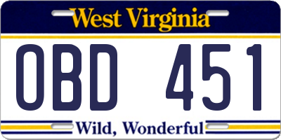 WV license plate OBD451