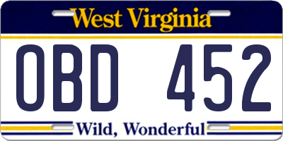 WV license plate OBD452