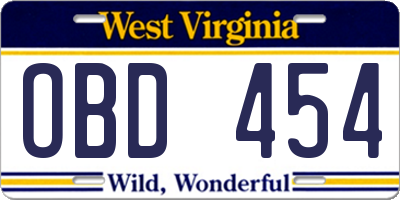 WV license plate OBD454