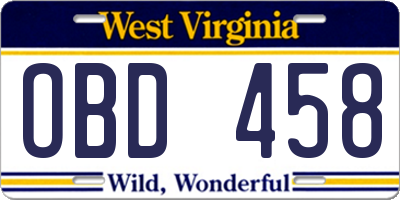 WV license plate OBD458