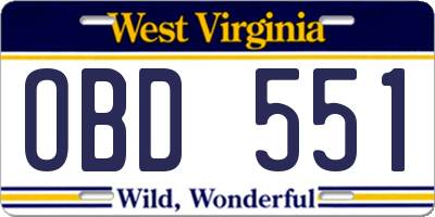 WV license plate OBD551