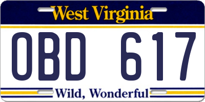 WV license plate OBD617