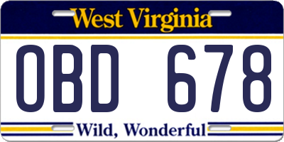 WV license plate OBD678
