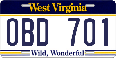 WV license plate OBD701