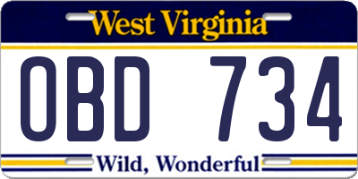 WV license plate OBD734