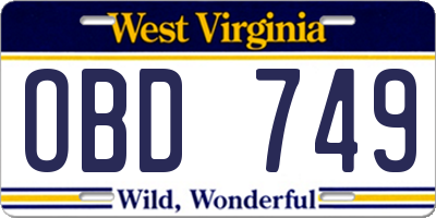 WV license plate OBD749