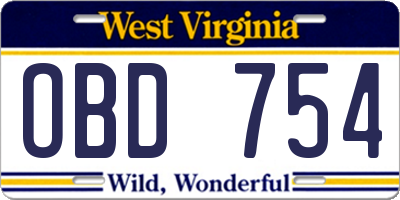 WV license plate OBD754