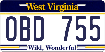 WV license plate OBD755