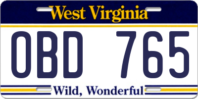 WV license plate OBD765