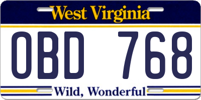 WV license plate OBD768