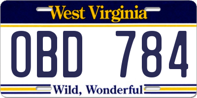 WV license plate OBD784