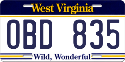 WV license plate OBD835