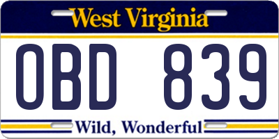 WV license plate OBD839