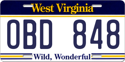 WV license plate OBD848