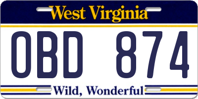 WV license plate OBD874