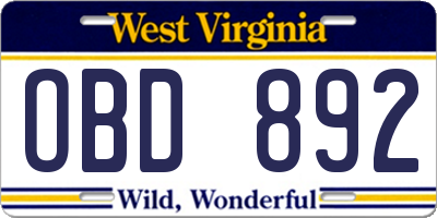 WV license plate OBD892