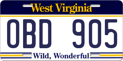 WV license plate OBD905