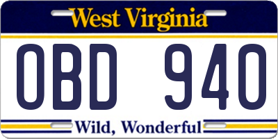 WV license plate OBD940