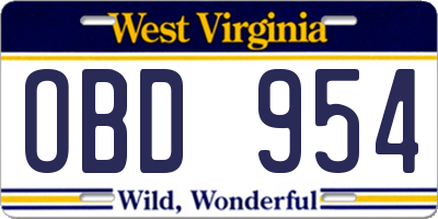 WV license plate OBD954