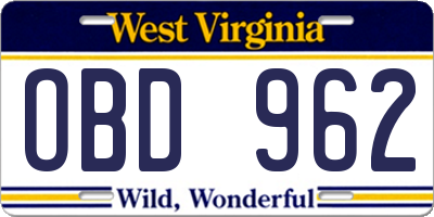 WV license plate OBD962