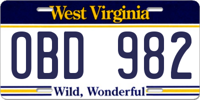 WV license plate OBD982