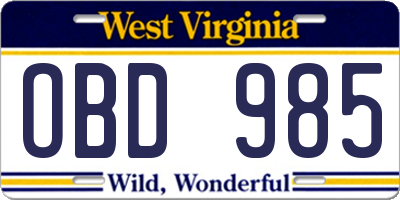 WV license plate OBD985