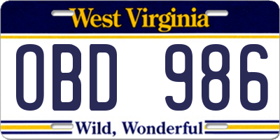 WV license plate OBD986