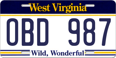 WV license plate OBD987