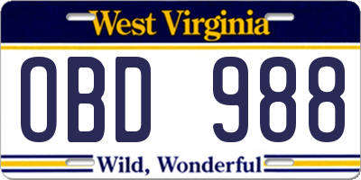 WV license plate OBD988