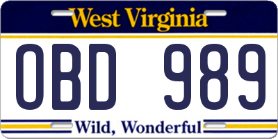 WV license plate OBD989