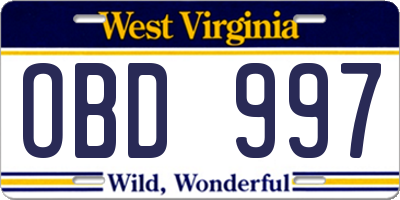 WV license plate OBD997