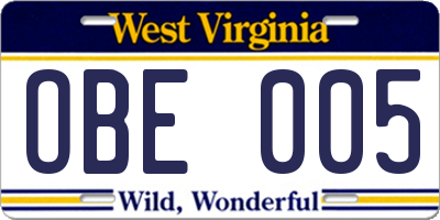 WV license plate OBE005