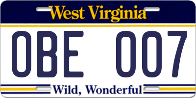 WV license plate OBE007